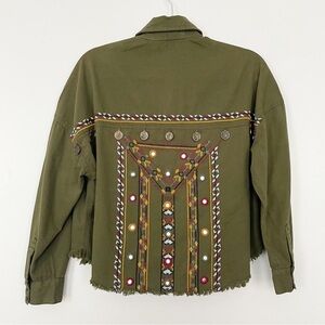 Beautiful Stories Button Up Shirt Womens Size XS Green Embellished Military